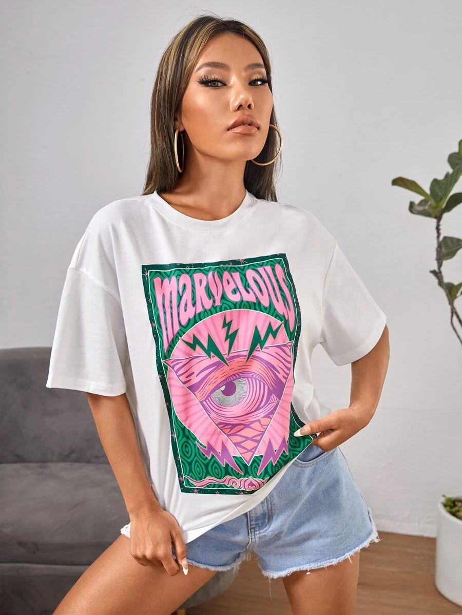 SHEIN PETITE 眼睛和字母圖形下垂肩夏季服飾t恤 - 白色 - 查看 1