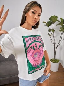 SHEIN PETITE 眼睛和字母圖形下垂肩夏季服飾t恤 - 白色 - 查看 3
