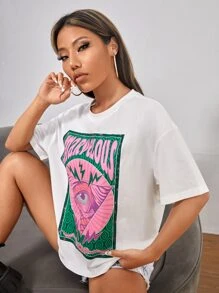 SHEIN PETITE 眼睛和字母圖形下垂肩夏季服飾t恤 - 白色 - 查看 4