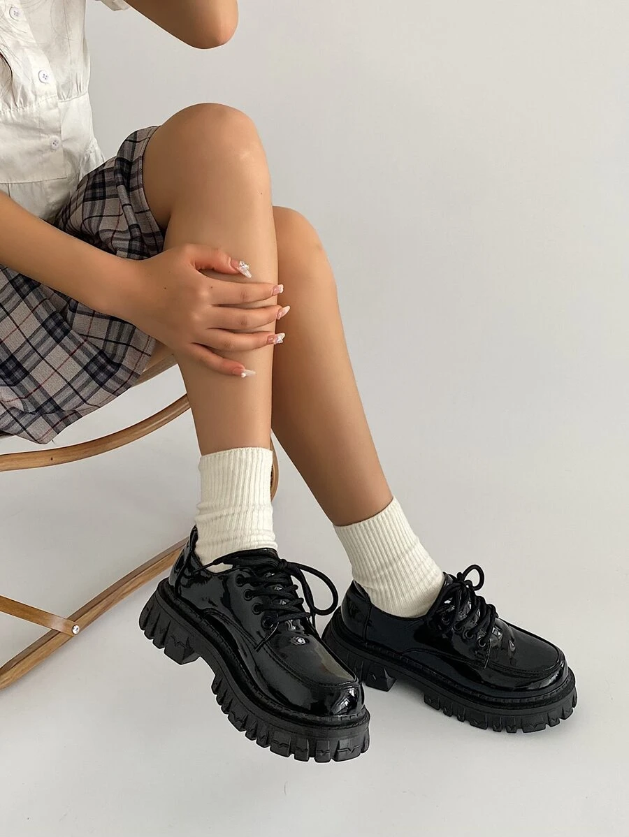 Lace-up Front Platform Oxford Shoes - Black - View 1