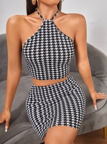 SHEIN PETITE 千鳥格印花後背繫帶掛脖上衣和包臀半身裙 - 黑與白 - 查看 1