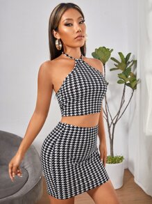 SHEIN PETITE 千鳥格印花後背繫帶掛脖上衣和包臀半身裙 - 黑與白 - 查看 5