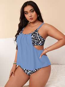 SHEIN Swim Curve 大码豹纹镂空比基尼夏日海滩 - 霧霾藍 - 查看 3