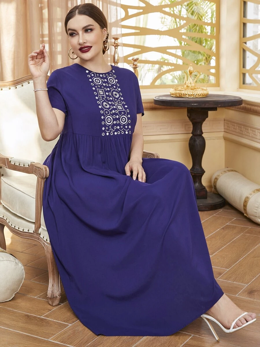 Al Najma Plus Geo Embroidery Smock Dress - Blue - View 1