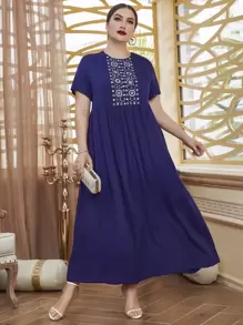 Al Najma Plus Geo Embroidery Smock Dress - Blue - View 4