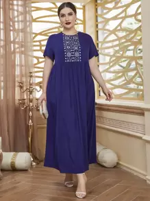 Al Najma Plus Geo Embroidery Smock Dress - Blue - View 5