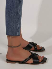 Sandalias planas versátiles, cómodas y modernas para mujer con puntera cuadrada, correas negras y suela antideslizante