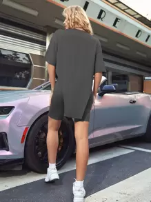 SHEIN Unity Drop Shoulder Asymmetrical Hem Tee & Cycling Shorts - Dark Grey - View 2