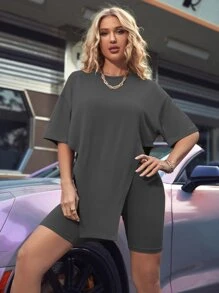 SHEIN Unity Drop Shoulder Asymmetrical Hem Tee & Cycling Shorts - Dark Grey - View 3