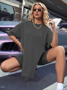 SHEIN Unity Drop Shoulder Asymmetrical Hem Tee & Cycling Shorts - Dark Grey - View 5