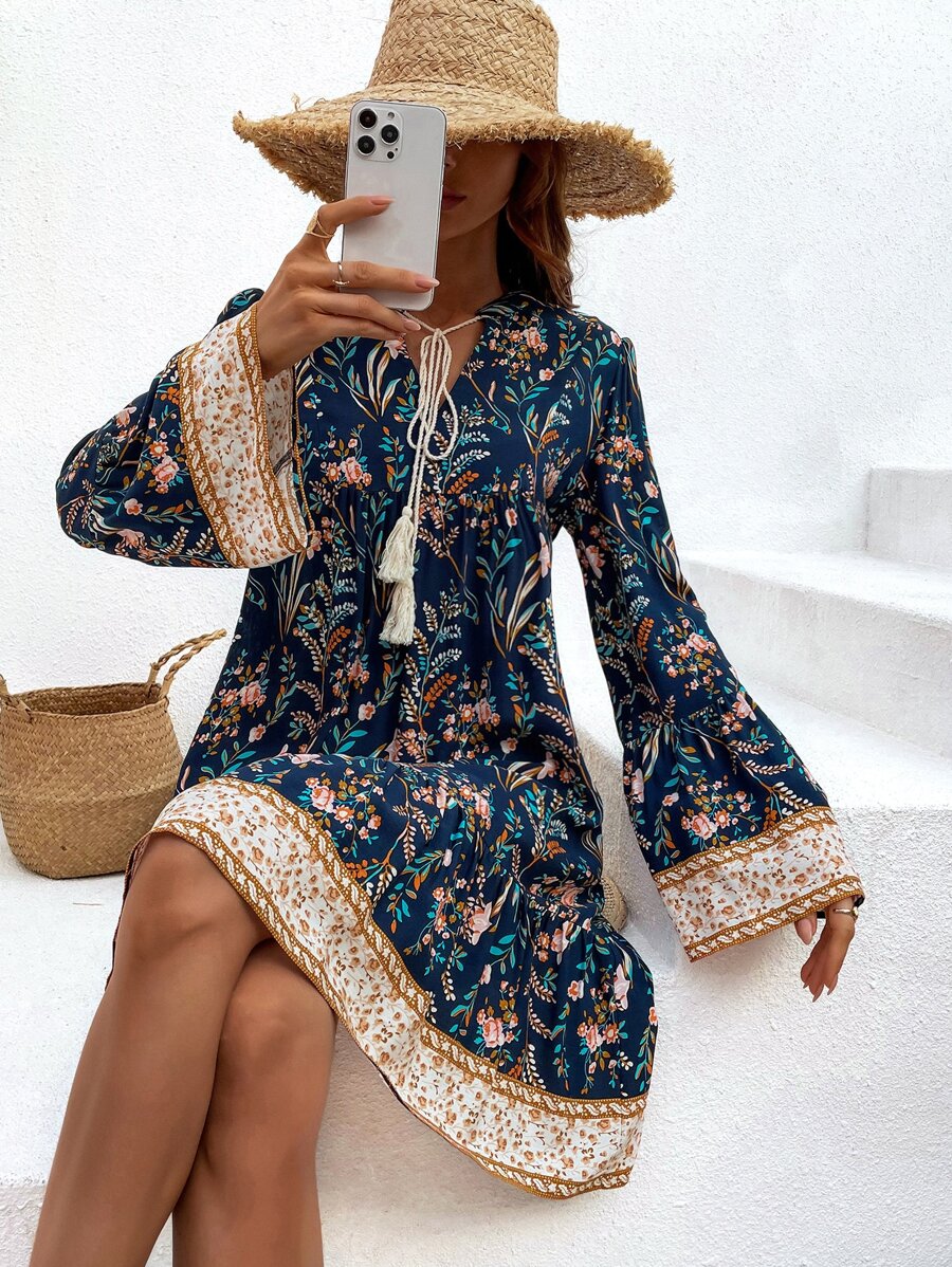 SHEIN Unity Floral Print Tie Neck Trumpet Sleeve Ruffle Hem Smock Dress - Multicolor - View 1