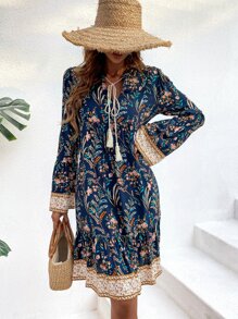 SHEIN Unity Floral Print Tie Neck Trumpet Sleeve Ruffle Hem Smock Dress - Multicolor - View 4