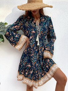 SHEIN Unity Floral Print Tie Neck Trumpet Sleeve Ruffle Hem Smock Dress - Multicolor - View 5