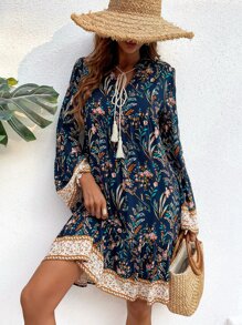 SHEIN Unity Floral Print Tie Neck Trumpet Sleeve Ruffle Hem Smock Dress - Multicolor - View 6