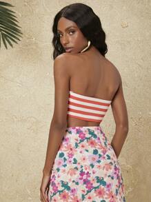 條紋圖案交叉短款抹胸上衣 - 彩色 - 查看 3