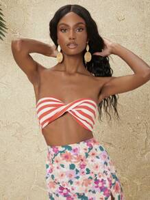 條紋圖案交叉短款抹胸上衣 - 彩色 - 查看 1