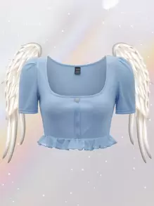 SHEIN Puff Sleeve Peplum Tee - Baby Blue - View 1