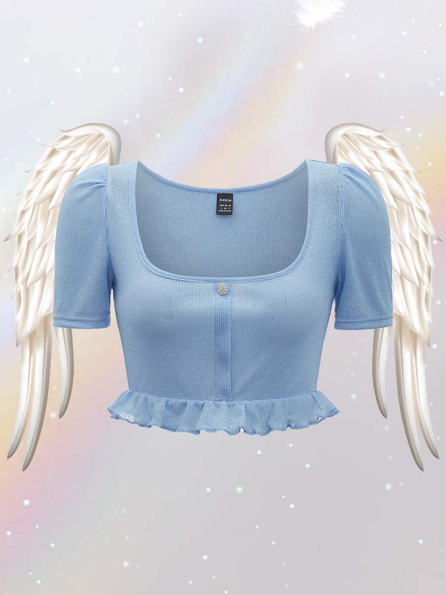 SHEIN Puff Sleeve Peplum Tee - Baby Blue - View 1