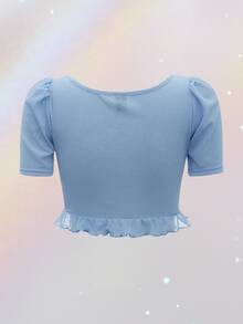 SHEIN Puff Sleeve Peplum Tee - Baby Blue - View 2