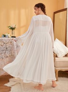 SHEIN Unity Plus Contrast Lace Mesh Robe & Cami Dress PJ Set White Set - White - View 2