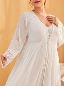 SHEIN Unity Plus Contrast Lace Mesh Robe & Cami Dress PJ Set White Set - White - View 6