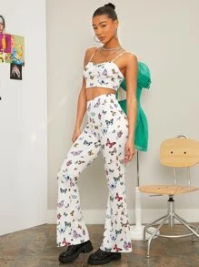 SHEIN Butterfly Print Bustier Cami Top & Flare Leg Pants - Multicolor - View 1