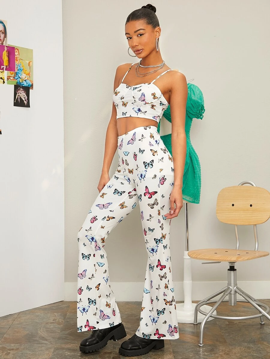 SHEIN Butterfly Print Bustier Cami Top & Flare Leg Pants - Multicolor - View 1