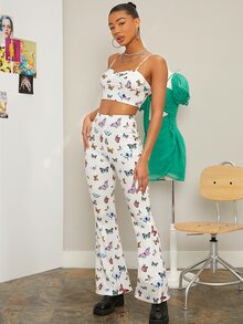 SHEIN Butterfly Print Bustier Cami Top & Flare Leg Pants - Multicolor - View 5