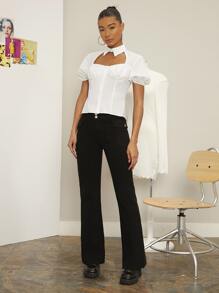 SHEIN Unity Camisa de cuello gargantilla pecho con fruncido de manga farol - Blanco - Ver 4