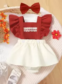 Baby Guipure Lace Detail Colorblock Ruffle Trim Combo Bodysuit Dress - Red and White - View 1