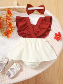 Baby Guipure Lace Detail Colorblock Ruffle Trim Combo Bodysuit Dress - Red and White - View 2