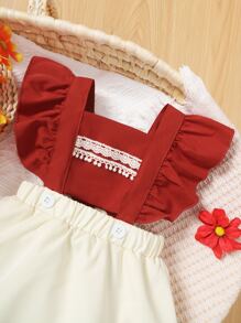 Baby Guipure Lace Detail Colorblock Ruffle Trim Combo Bodysuit Dress - Red and White - View 4