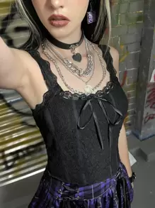 ROMWE PUNK Tie Front Lace Cami Top - Black - View 1