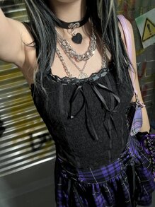 ROMWE PUNK Tie Front Lace Cami Top - Black - View 3