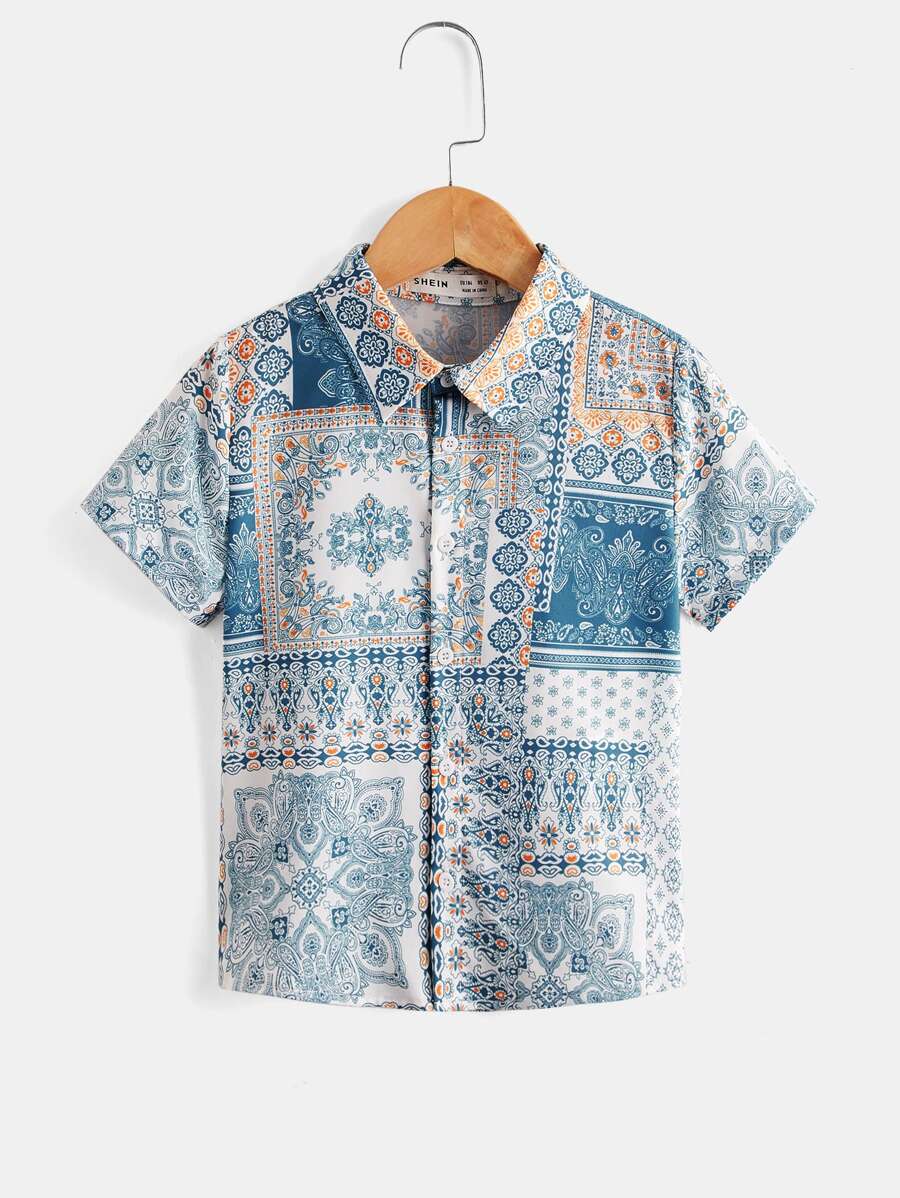 SHEIN 年轻男孩佩斯利印花短袖休闲衬衫，适合夏季
