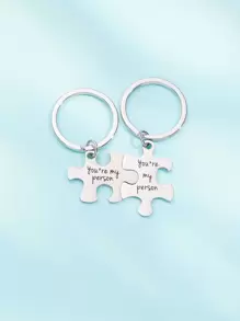 Street Lettering Jigsaw Puzzle Shape Couple Metal Keychain - Silver - View 1