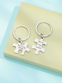 Street Lettering Jigsaw Puzzle Shape Couple Metal Keychain - Silver - View 2