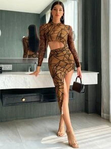 SHEIN Privé Geo Print Cut Out Waist Mock Neck Asymmetrical Hem Dress - Brown - View 3