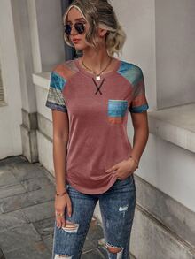 EMERY ROSE Colour Block Raglan Sleeve Patched Pocket Tee - Multicolor - View 4