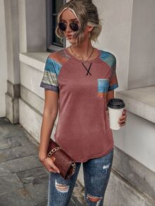 EMERY ROSE Colour Block Raglan Sleeve Patched Pocket Tee - Multicolor - View 5