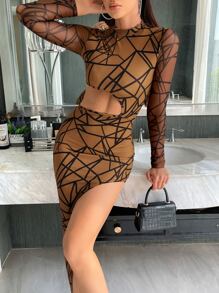 SHEIN Privé Geo Print Cut Out Waist Mock Neck Asymmetrical Hem Dress - Brown - View 5
