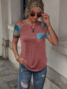 EMERY ROSE Colour Block Raglan Sleeve Patched Pocket Tee - Multicolor - View 6