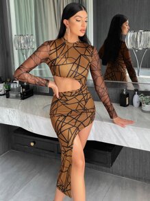 SHEIN Privé Geo Print Cut Out Waist Mock Neck Asymmetrical Hem Dress - Brown - View 6
