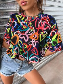 SHEIN Unity 落肩满印爱心图案 T 恤 女式上衣