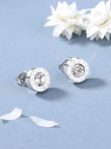 羅馬數字細節水鑽裝飾耳釘 - 銀色 - 查看 3