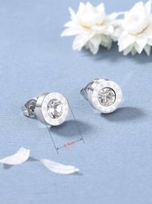 羅馬數字細節水鑽裝飾耳釘 - 銀色 - 查看 4