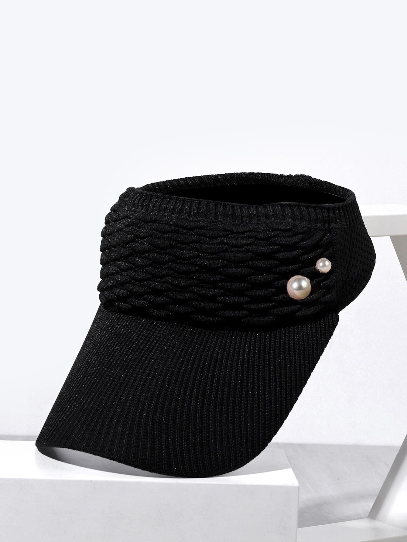Faux Pearl Decor Visor Hat - Black - View 1