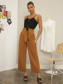 High Waist Belted Wide Leg Trousers - Brown - View 3