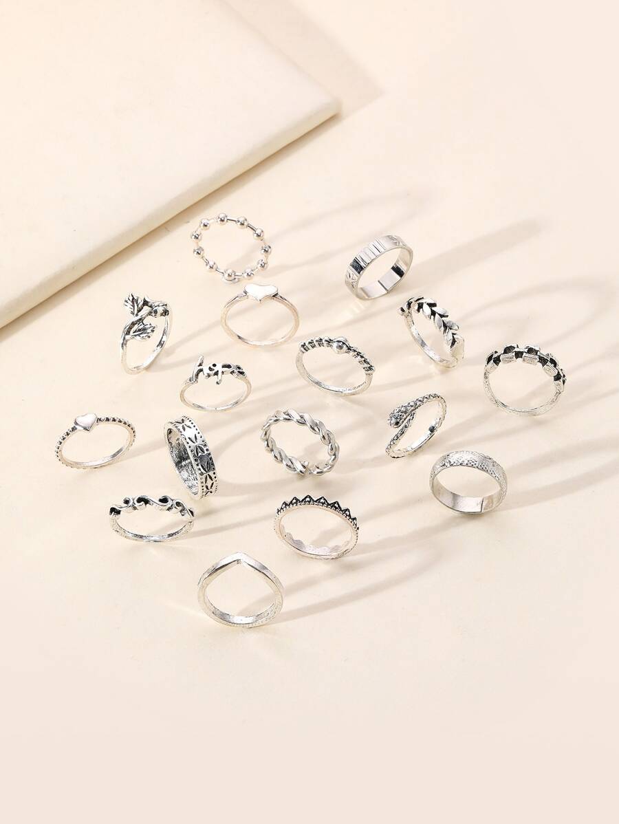 16 chiếc nhẫn trang trí trái tim & lá - Màu Bạc Cổ - Xem 1