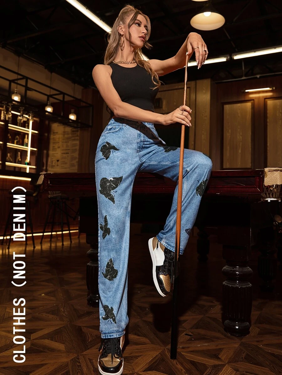 蝴蝶圖案斜口袋直筒褲